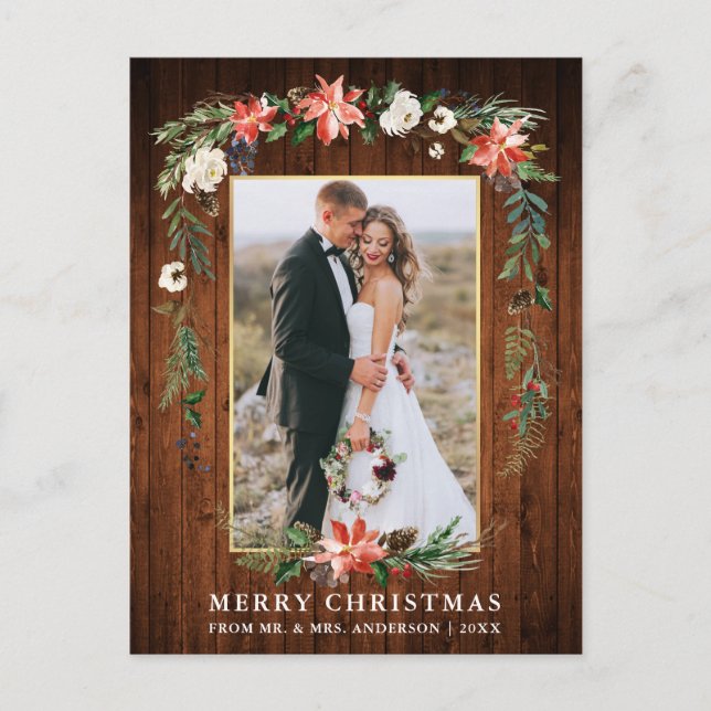 Newlywed Wood Gold Watercolor Winter Floral Postcard (Front)