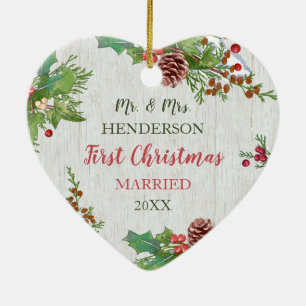 Newlyweds 1st Christmas Custom Photo Rustic Ceramic Tree Decoration