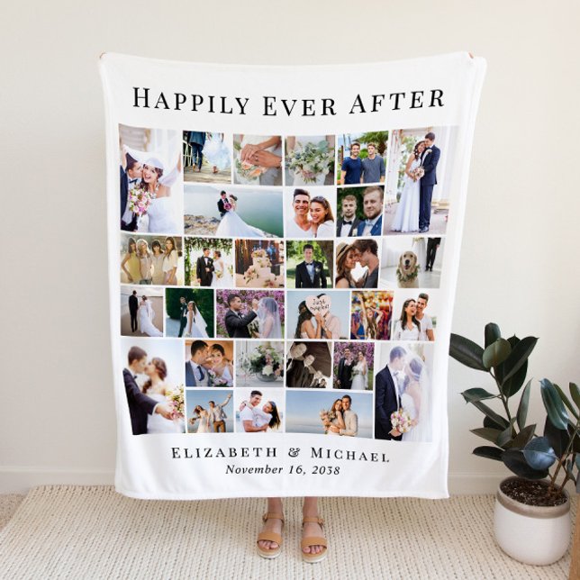 Newlyweds 30 Photo Collage White Wedding Fleece Blanket (Creator Uploaded)