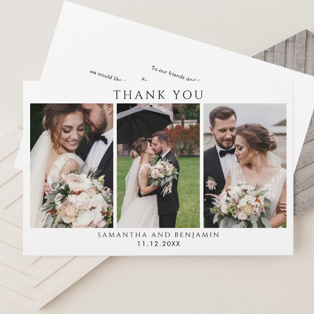 Newlyweds 3 Photo Wedding Thank You Stationery (Elegant Wedding 3 Photos Thank You Horizontal Card)