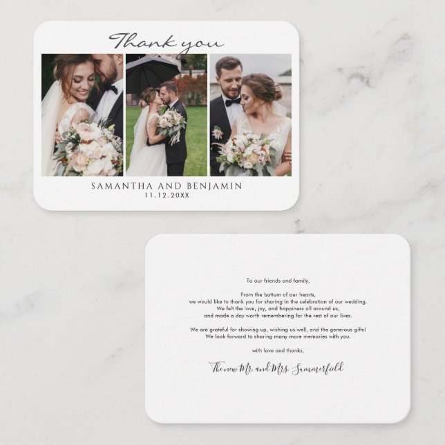 Newlyweds 3 Photos Wedding Thank You Card (Front/Back)
