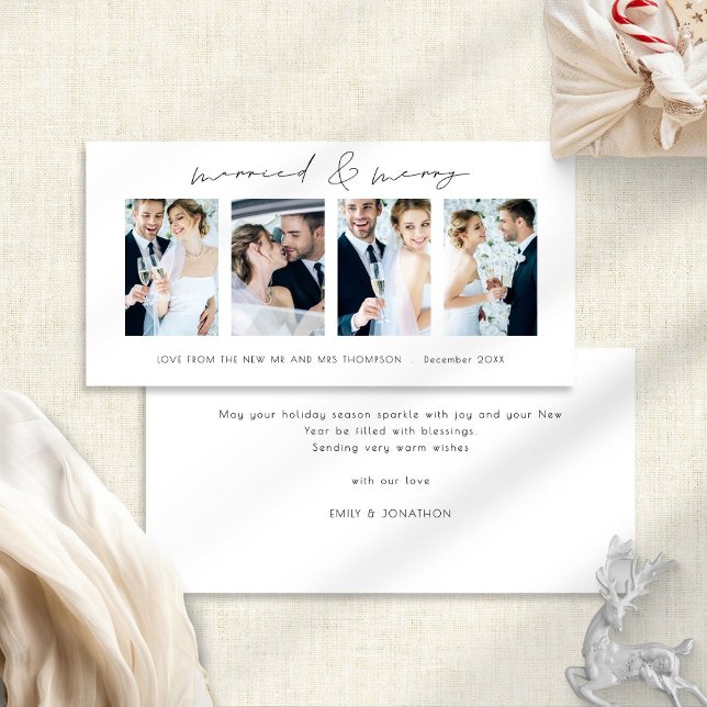 Newlyweds 4 Photos Married & Merry Christmas Holiday Card (Front and back view)