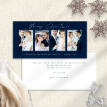 Newlyweds 4 Photos Navy Merry Christmas Holiday Card<br><div class="desc">Newlyweds 4 Photos White Script Navy Blue Merry Christmas. Available digitally and printed. Modern and minimalist,  with a stylish set script for Merry Christmas. Replace the sample pictures with your own wedding favourites and personalise the rest of the words on each side as required.</div>