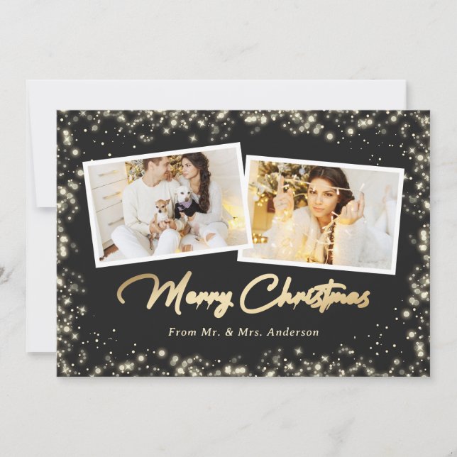 Newlyweds Black White Gold Plaid Photo Christmas Holiday Card (Front)