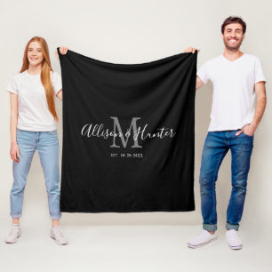 Newlyweds Black White Hand Lettered Script Names Fleece Blanket