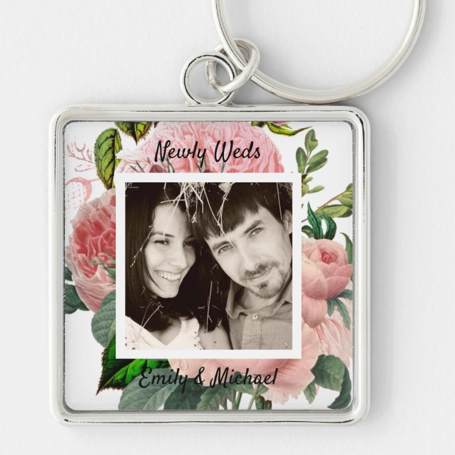 Newlyweds Blush Pink Roses Botanical Floral PHOTO Key Ring (Front)