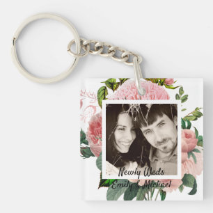 Newlyweds Blush Pink Roses Botanical Floral PHOTO Key Ring
