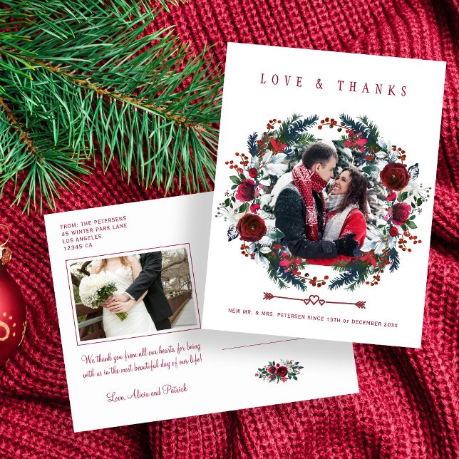 Newlyweds Christmas Red Floral Wedding Thank You Postcard (Creator Uploaded)