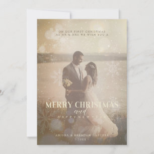 Newlyweds Custom Photo Elegant Golden Snowfake Holiday Card