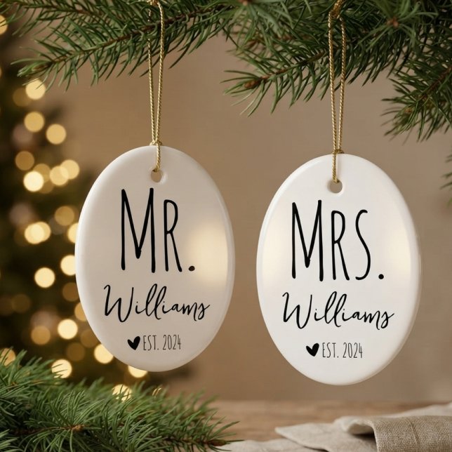 Newlyweds | Custom Rustic Mr and Mrs Wedding Bride Ceramic Tree Decoration (first christmas married ornament, wedding ornament, newlywed ornament, engagement ornament gift)