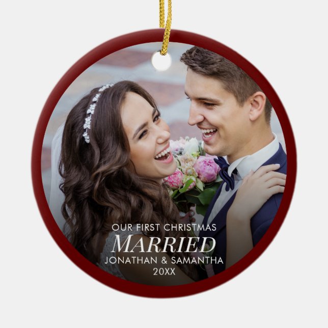 Newlyweds First Christmas Married Photo Ceramic Tree Decoration (Front)