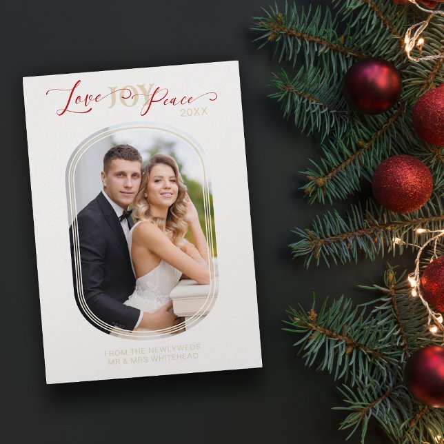 Newlyweds First Christmas Modern Oval Frame Photo  Holiday Card (Creator Uploaded)