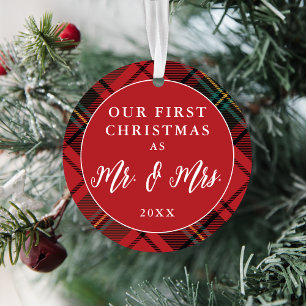 Newlyweds First Christmas Tartan Holiday Photo Ornament