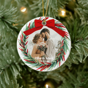 Newlyweds First Christmas Wreath Photo Wedding Ceramic Tree Decoration