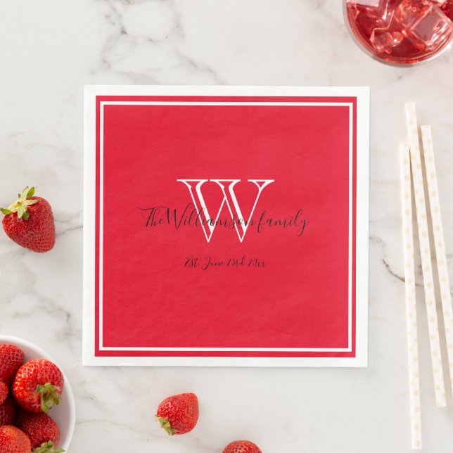Newlyweds Gift Chic Script Name Red Monogrammed  Napkin (Insitu)
