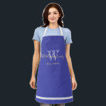 Newlyweds Gift Monogram   Family Name Chic Blue  Apron<br><div class="desc">Newlyweds Gift Elegant Script Monogram Family Name Modern Chic Blue And White Apron. Personalised white monogram design with the newlywed groom's family last name and date established printed in pale cream lettering on a beautiful blue background. A unique gift for newlyweds. Lovely for their new life together, makes a beautiful...</div>