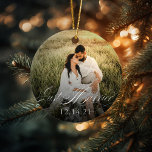 Newlyweds Just Married Ornament Wedding Date Photo<br><div class="desc">"Just Married" pewter ornament for newly weds.  Click "Customise It" to move elements,  add or change fonts,  colours size and location.  You can also remove the grey date below the white that is acting as a drop shadow for legibility.</div>