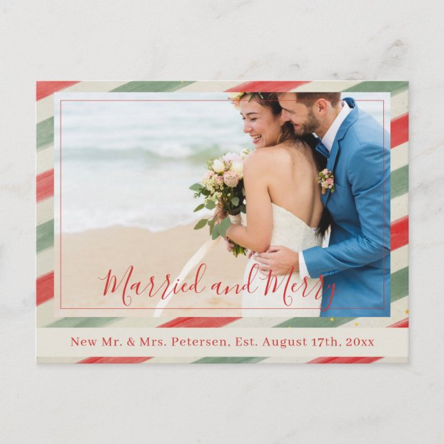 Newlyweds Married and Merry red Christmas photo Holiday Postcard (Front)