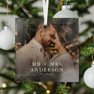 Newlyweds Mr + Mrs Christmas Custom Photo  Glass Tree Decoration