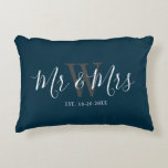 Newlyweds Mr Mrs Navy Blue Script Monogram Initial Decorative Cushion<br><div class="desc">Surprise a couple with this Newlyweds Mr And Mrs Navy Blue Script Monogram Accent Pillow. It is modern designed on both sides with dark blue background. The centre has large dark grey monogram letter and the text is "mr and mrs" in white trendy hand lettered script. Established date is below...</div>