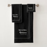 Newlyweds Mr & Mrs Personalised Large Bath Towel Set<br><div class="desc">Stylish Mr and Mrs personalised towel set for the newlywed bride and groom in black and white with editable script,  name and established wedding date</div>