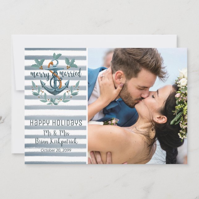 Newlyweds Nautical Wedding MERRY AND MARRIED Photo Holiday Card (Front)