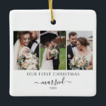 Newlyweds Photo Collage First Christmas Ceramic Ornament<br><div class="desc">Modern multi wedding photo Thank You card for your guests who showed up to support and celebrate your big day with you. Easily add your favourite photos,  names of bride and groom,  date and a custom message and signature on the reverse side.</div>