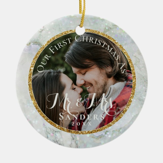 Newlyweds Photo Gold Glitter Marble Christmas Tree Ceramic Tree Decoration (Front)