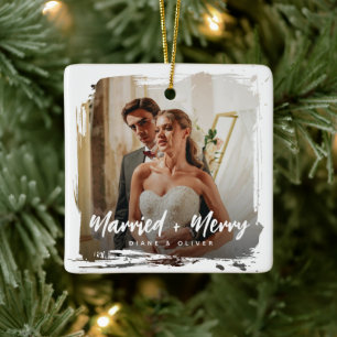Newlyweds Photo Married + Merry Modern Smudge  Ceramic Ornament