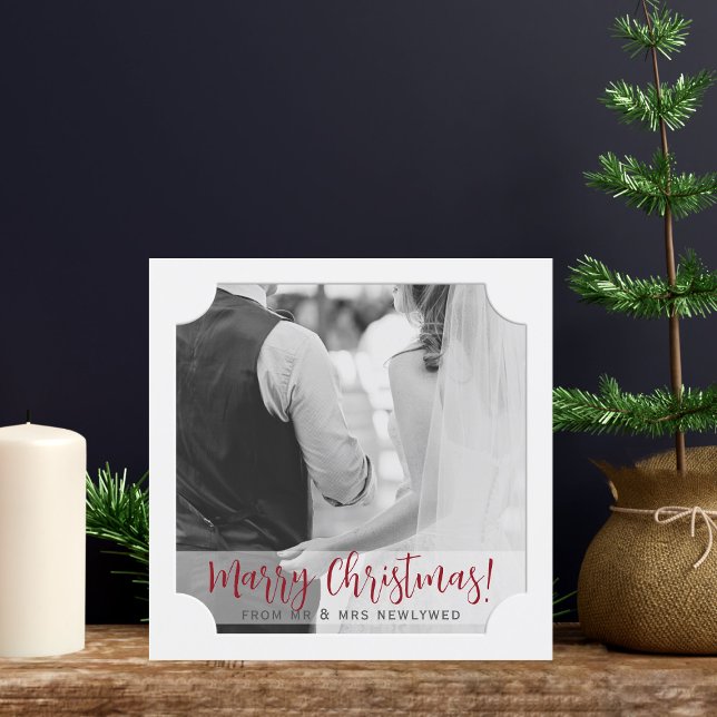 Newlyweds Photo Square Marry Christmas Card (Upload your photo to this faux framed square Holiday Card and enjoy your first christmas together!)