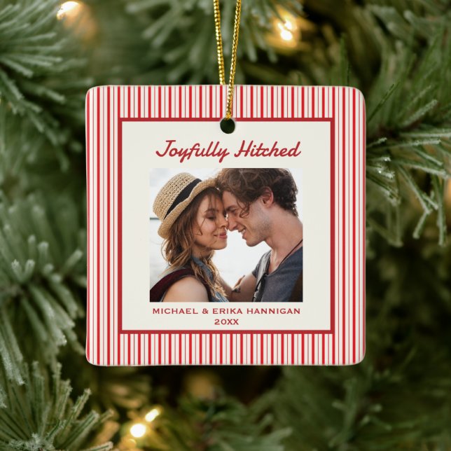 Newlyweds Red Bow Keepsake First Christmas Married Ceramic Ornament (Tree)