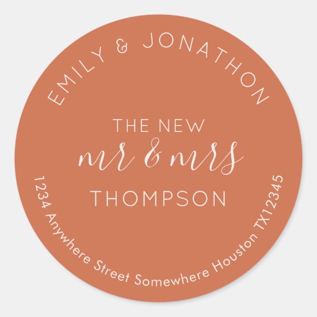 Newlyweds Return Name Address Terracotta  Classic Round Sticker (Front)