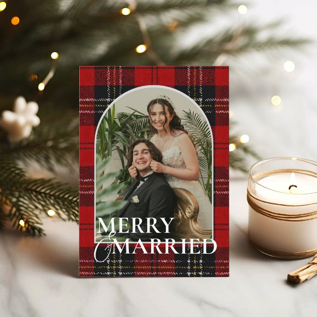 Newlyweds Rustic Modern Plaid Tartan Red Holiday Card (Creator Uploaded)