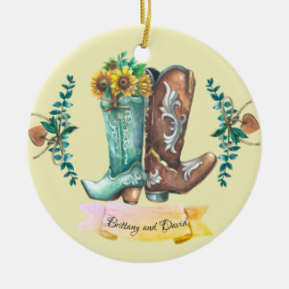 Newlyweds Rustic Wedding Cowboy Boots Watercolor   Ceramic Tree Decoration