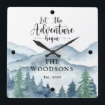 Newlyweds Wedding<br><div class="desc">Let the adventure begin themed watercolor newlyweds wedding clock with watercolor forest adventure scene. Perfect for your first cabin or lake house.</div>
