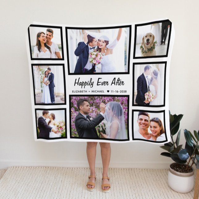 Newlyweds Wedding 8 Photo Collage White Fleece Blanket (Creator Uploaded)