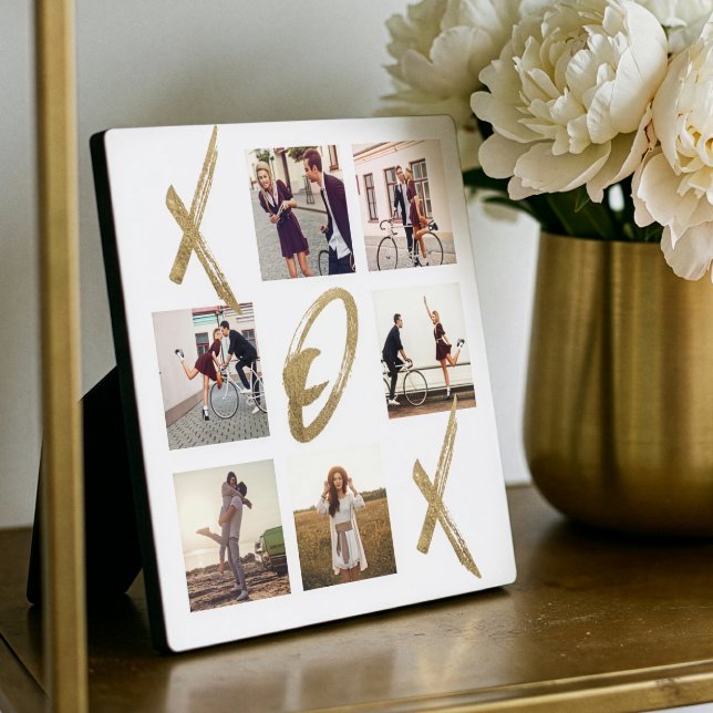 Newlyweds X O X Hugs & Kisses Photo Grid Collage Plaque (Newlyweds Valentine X O Hugs Kisses Photo Collage Plaque)