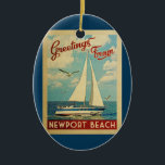Newport Beach Sailboat Vintage Travel California Ceramic Tree Decoration<br><div class="desc">This Greetings From Newport Beach California vintage travel nautical design features a boat sailing on the water with seagulls and a blue sky filled with gorgeous puffy white clouds.</div>