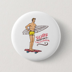 Newport Beach Surf Vintage Retro Surfboard 60s 70s 6 Cm Round Badge