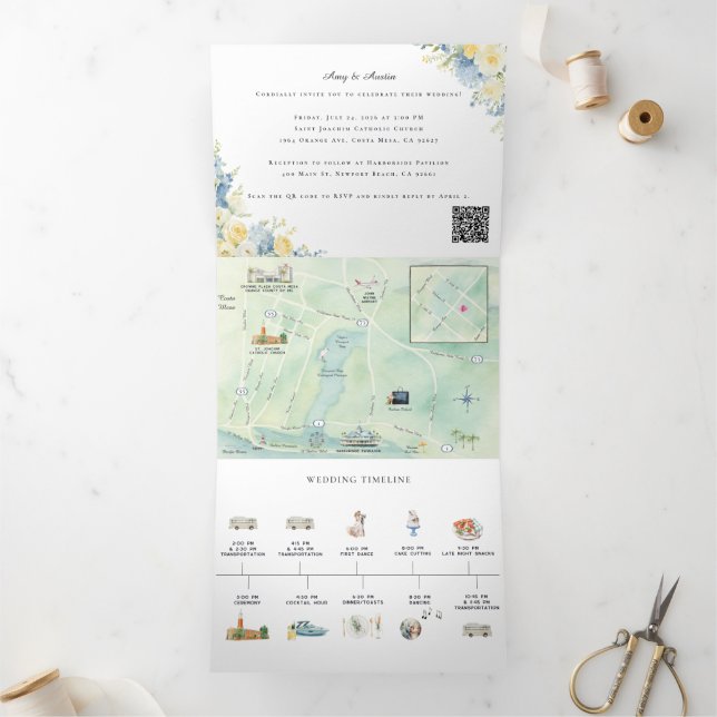Newport Beach Watercolor Map Tri-Fold Invitation (Inside)