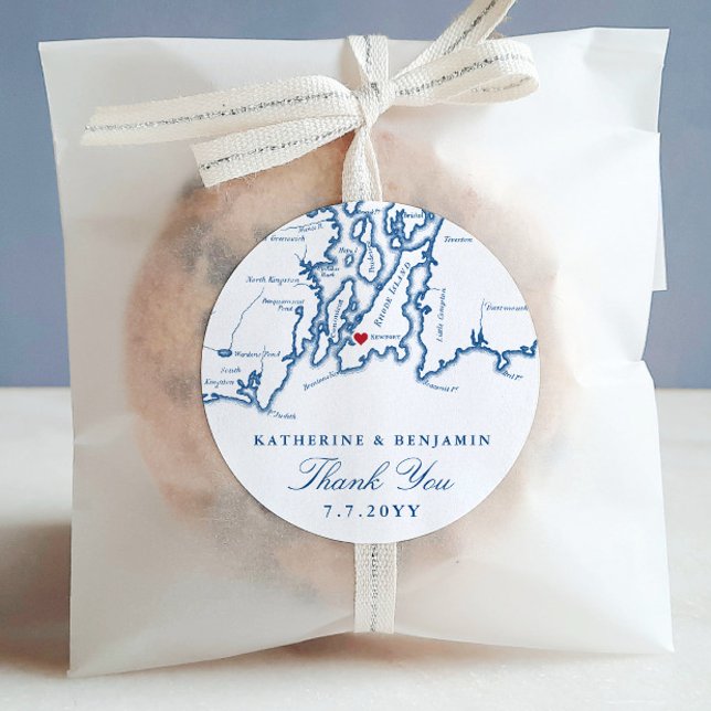 Newport Rhode Island Map Navy Wedding Favour Classic Round Sticker (These round Newport, RI stickers are perfect for packaging your Rhode Island wedding favors)