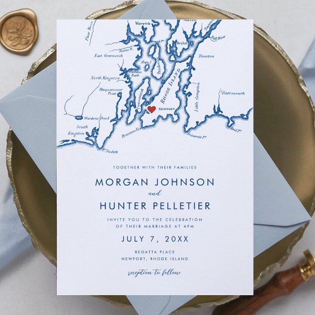 Newport RI Elegant Navy Blue Minimalist Wedding Invitation (Newport RI Elegant Minimalist Modern Wedding invitation with navy blue map from Coastal Map Designs)