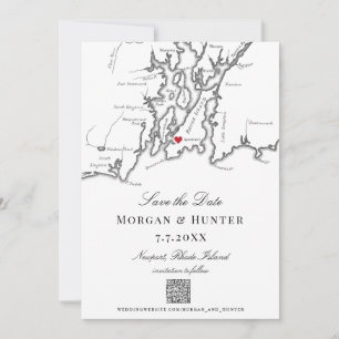 Newport RI Map Black and White Elegant QR code Save The Date