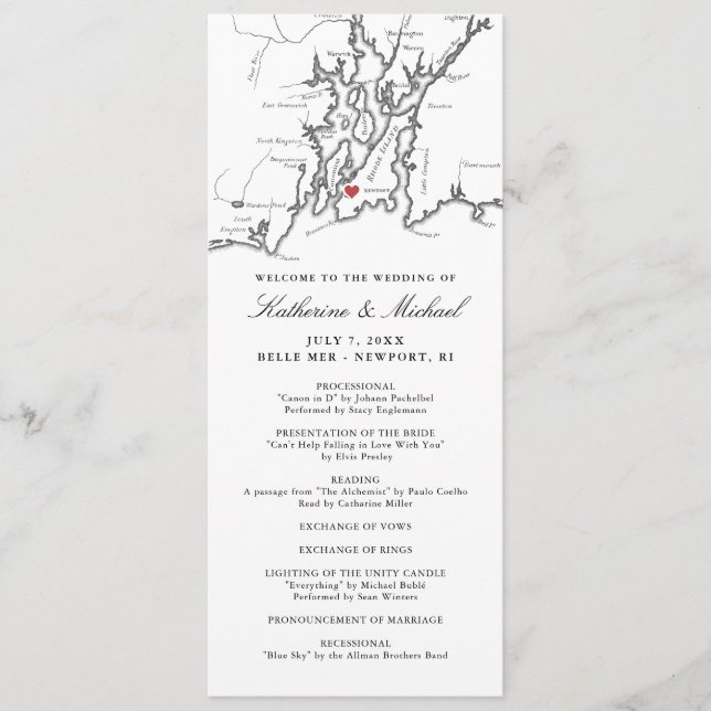 Newport RI Map Elegant Black and White Wedding Programme (Front)