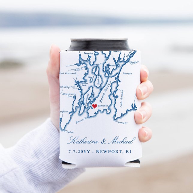 Newport RI Map Wedding Favor Drink Holder Can Cooler (Elegant Newport RI map wedding favor can coozie with navy blue script writing)
