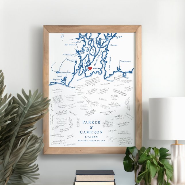 Newport RI Wedding Elegant Guest Book Poster (Newport RI Wedding Alternative Guest Book Poster Print in elegant navy blue from Coastal Map Designs)