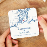 Newport RI Wedding Welcome Party Cocktail Hour Square Paper Coaster<br><div class="desc">Enhance your Newport, Rhode Island wedding with our charming Zazzle wedding favour paper drink coasters! Featuring an elegant navy blue design inspired by the picturesque Narragansett Bay map, these coasters are perfect for your welcome party or cocktail hour. Ideal for venues like The Chanler, Rosecliff Mansion, OceanCliff Hotel, The Vanderbilt,...</div>