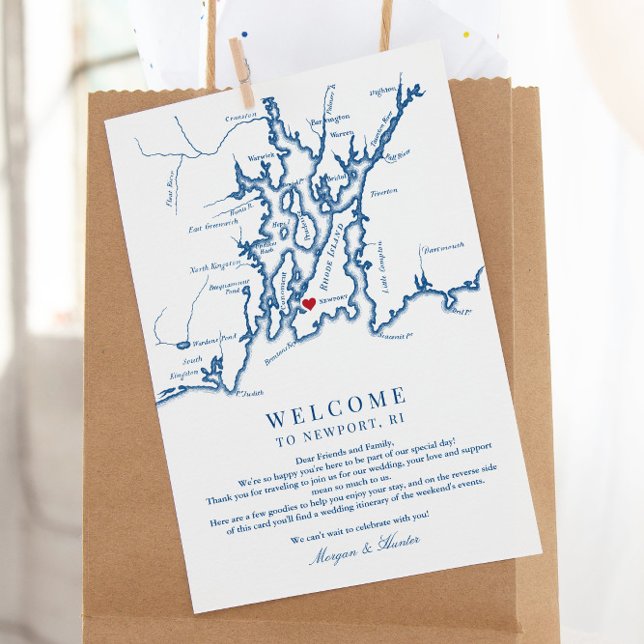 Newport RI Wedding Welcome Weekend Itinerary Thank You Card (These Newport Rhode Island wedding welcome letters include a weekend events itinerary on the back)