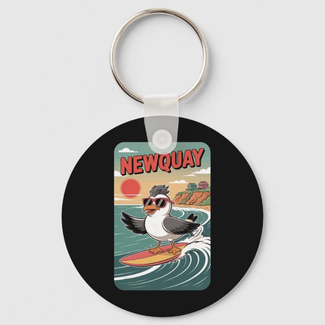 Newquay Beach Vibes, Fun Retro Sunset And Surfing  Key Ring (Front)