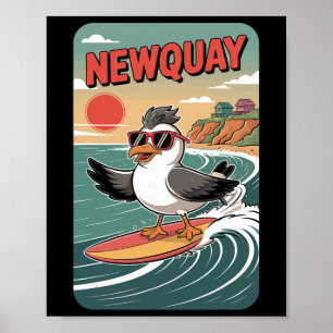 Newquay Beach Vibes, Fun Retro Sunset And Surfing  Poster